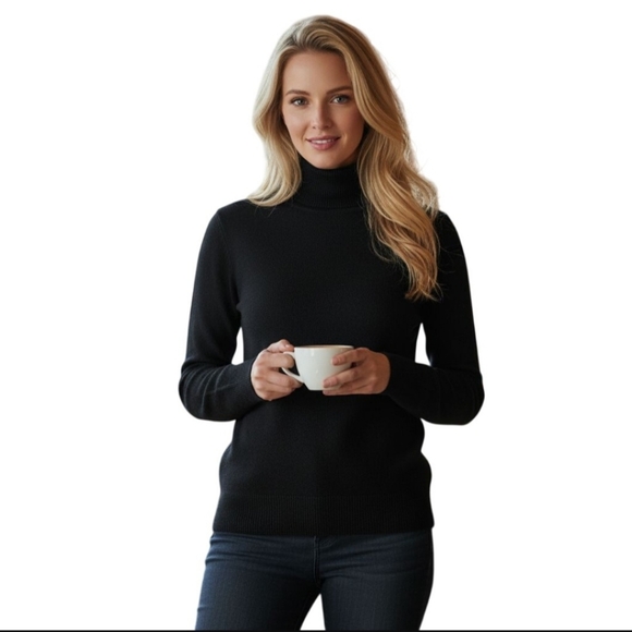 Talbots 100% Merino Wool Black Ribbed Turtleneck/ Sleeves Seam Detail Size Sp - Picture 1 of 8